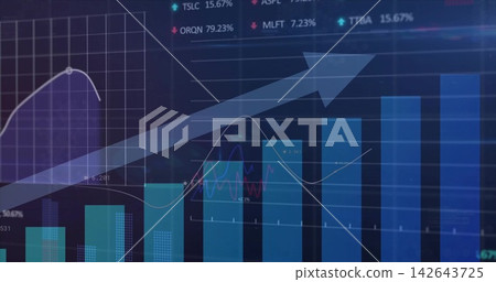 Displaying financial chart tracing rising blue bars and line graphs on screen, arrow showing gains Displaying financial chart tracing rising blue bars and line graphs on screen, arrow showing gains 142643725