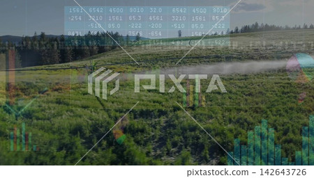 Spraying pivot irrigation arm emitting fine mist over crop rows at farm, with digital overlays Spraying pivot irrigation arm emitting fine mist over crop rows at farm, with digital overlays 142643726