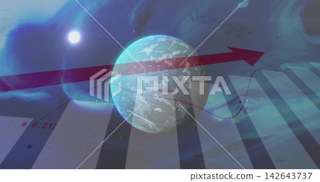 Displaying textured blue-green planet intersecting red arrow in space, with bars and data curve Displaying textured blue-green planet intersecting red arrow in space, with bars and data curve 142643737