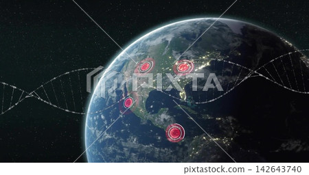 Displaying planet Earth nightside from orbit, showing city lights, four red hotspots, DNA helix 142643740