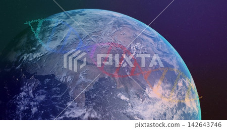 Displaying planetary disk showing clouds, land and dotted helix over limb in orbit, color gradient Displaying planetary disk showing clouds, land and dotted helix over limb in orbit, color gradient 142643746