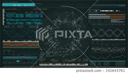 Displaying central network ring with concentric guides on dark grid dashboard, with side charts Displaying central network ring with concentric guides on dark grid dashboard, with side charts 142643761