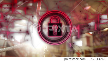 Displaying neon padlock ringed with pink glow over blurred warehouse, showing network lines, ropes 142643766