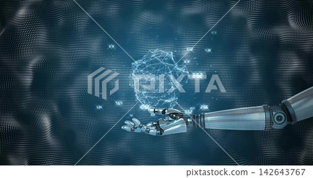 Presenting robotic arm exposed joints holding hologram wire sphere over dotted grid showing data Presenting robotic arm exposed joints holding hologram wire sphere over dotted grid showing data 142643767