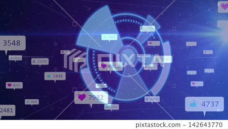 Displaying holographic circular HUD pulsing at center in virtual network, with notification badges Displaying holographic circular HUD pulsing at center in virtual network, with notification badges 142643770