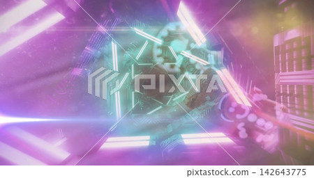 Glowing hex frames rotating with neon bars, clear rings, circuitry, panel-grid in scifi tunnel Glowing hex frames rotating with neon bars, clear rings, circuitry, panel-grid in scifi tunnel 142643775