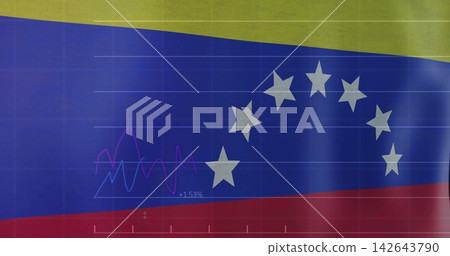 Showing Venezuelan flag on screen, rippling blue band with seven stars, magenta cyan charts +1 142643790