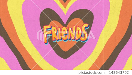 Displaying central heart motif radiating retro bands on poster, showing FRIENDS text and scuffs Displaying central heart motif radiating retro bands on poster, showing FRIENDS text and scuffs 142643792