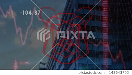 Showing red geometric bear-face overlaying glass high-rise, with red line charts, numeric labels Showing red geometric bear-face overlaying glass high-rise, with red line charts, numeric labels 142643793