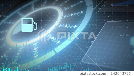 Pulsing white fuel-pump icon sitting in rounded box over HUD grid with teal charts, copy space Pulsing white fuel-pump icon sitting in rounded box over HUD grid with teal charts, copy space 142643795