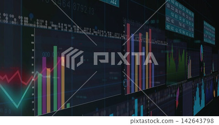 Showing colorful bar charts on wall monitor, displaying cyan zigzag line chart and numeric tiles Showing colorful bar charts on wall monitor, displaying cyan zigzag line chart and numeric tiles 142643798