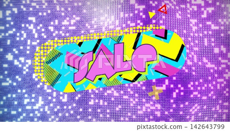 Dominating center SALE oval showing neon zigzag fill, halftone dot trim on pixel mosaic banner Dominating center SALE oval showing neon zigzag fill, halftone dot trim on pixel mosaic banner 142643799