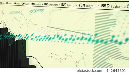Displaying finance dashboard on office screen showing teal dotted band, dark bar left, ticker top Displaying finance dashboard on office screen showing teal dotted band, dark bar left, ticker top 142643801