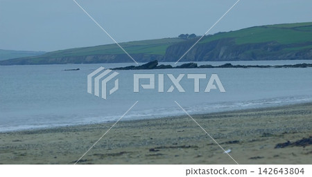 Showing sandy beach pebbles and seaweed, shallow waves lapping at coast, rocks, grassy cliffs Showing sandy beach pebbles and seaweed, shallow waves lapping at coast, rocks, grassy cliffs 142643804