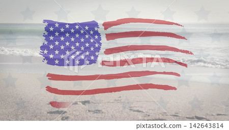 Displaying stylized American flag overlay drifting over sandy beach, showing prints and faint stars Displaying stylized American flag overlay drifting over sandy beach, showing prints and faint stars 142643814