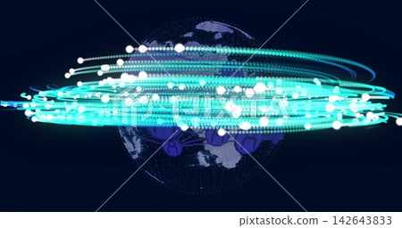 Rotating digital globe emitting cyan rings in digital display, with white nodes and motion blur Rotating digital globe emitting cyan rings in digital display, with white nodes and motion blur 142643833
