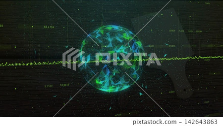 Glowing holographic sphere floating over dark wood planks, showing dotted green signal Glowing holographic sphere floating over dark wood planks, showing dotted green signal 142643863
