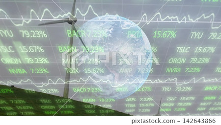 Floating dim Earth globe dominating center, overlaying grassy slope with wind turbine, green stocks Floating dim Earth globe dominating center, overlaying grassy slope with wind turbine, green stocks 142643866