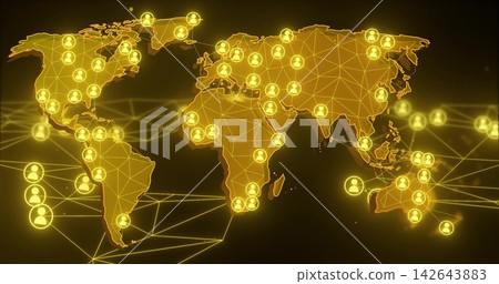 Glowing stylized world map showing network on dark backdrop, with triangular mesh and haloed icons Glowing stylized world map showing network on dark backdrop, with triangular mesh and haloed icons 142643883