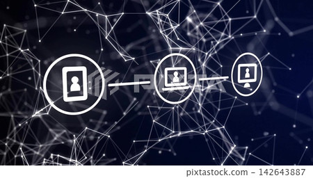 Displaying three linked user-device icons across dark blue digital network, with connecting lines Displaying three linked user-device icons across dark blue digital network, with connecting lines 142643887