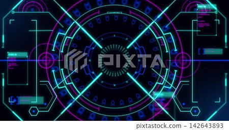 Displaying HUD central ring projecting rings, radial beams, crosshair, side panels and hex nodes Displaying HUD central ring projecting rings, radial beams, crosshair, side panels and hex nodes 142643893