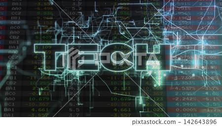 Glowing TECH logo reacting to live data feed driving circuits, ticker columns, graphs for analytics Glowing TECH logo reacting to live data feed driving circuits, ticker columns, graphs for analytics 142643896