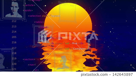 Showing glowing sun reflecting on rippling water at digital sea, with code frames and portraits Showing glowing sun reflecting on rippling water at digital sea, with code frames and portraits 142643897