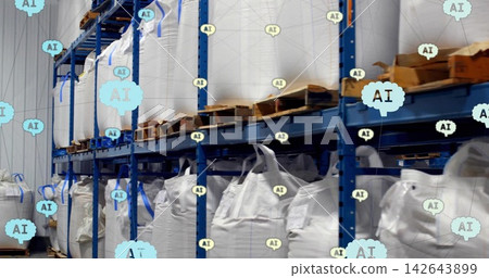 Displaying stacked white bulk bags on blue racking in warehouse, showing pallets and AI overlays 142643899