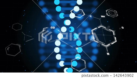 Displaying stylized DNA double helix glowing in digital grid backdrop, with molecular diagrams Displaying stylized DNA double helix glowing in digital grid backdrop, with molecular diagrams 142643902