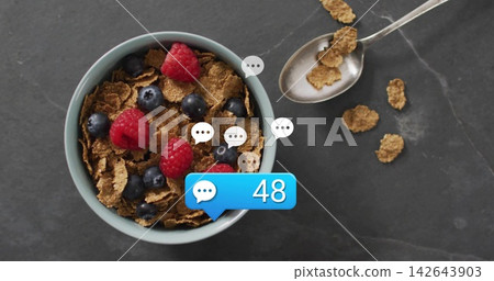 Showing pale-blue bowl holding bran-flakes with berries on slate counter, with chat 48, copy space 142643903