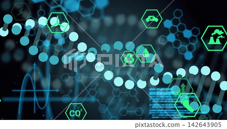 Displaying stylized DNA double helix on dark dashboard, showing neon green hex icons and data bars Displaying stylized DNA double helix on dark dashboard, showing neon green hex icons and data bars 142643905