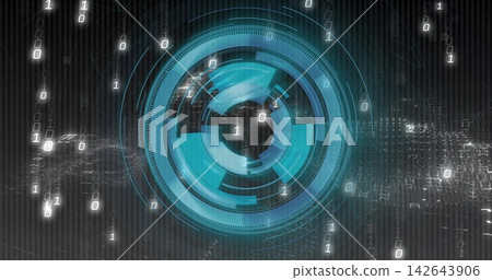 Displaying central HUD with concentric rings and radial ticks in digital UI, streaming 1s and 0s Displaying central HUD with concentric rings and radial ticks in digital UI, streaming 1s and 0s 142643906
