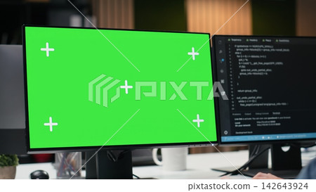 Isolated screen PC used by engineer in Silicon Valley company office developing apps. IT expert using deep learning to do coding on mockup computer, debugging applications to resolve issues, close up Isolated screen PC used by engineer in Silicon Valley company office developing apps. IT expert using deep learning to do coding on mockup computer, debugging applications to resolve issues, close up 142643924