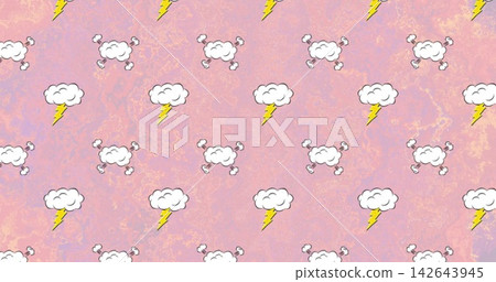Displaying tiled storm cloud motifs on pastel pink marble backdrop, with white clouds, yellow bolts Displaying tiled storm cloud motifs on pastel pink marble backdrop, with white clouds, yellow bolts 142643945