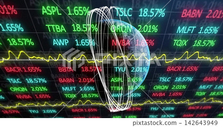 Vertical video: Data feed driving globe spinning rings over tickers on dashboard to show markets Vertical video: Data feed driving globe spinning rings over tickers on dashboard to show markets 142643949