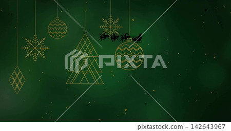Displaying gold hanging ornaments and black sleigh with four reindeer on deep green gradient Displaying gold hanging ornaments and black sleigh with four reindeer on deep green gradient 142643967