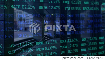 Showing translucent stock ticker overlay across glass entrance, with teal symbols reflecting street Showing translucent stock ticker overlay across glass entrance, with teal symbols reflecting street 142643970