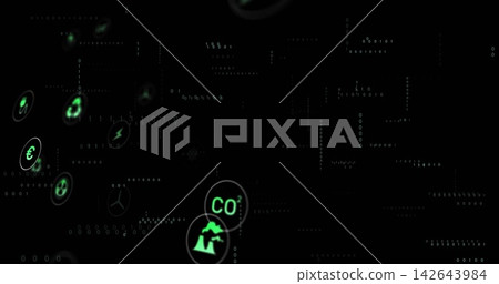 Glowing central CO2 token hovering over dark digital canvas, with euro and energy icons Glowing central CO2 token hovering over dark digital canvas, with euro and energy icons 142643984