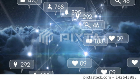 Floating cluster of notification bubbles and glowing nodes spanning night clouds, showing counters Floating cluster of notification bubbles and glowing nodes spanning night clouds, showing counters 142643985