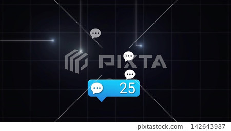 Floating blue chat-bubble showing 25 on dark grid, with three white ellipsis icons, beams and nodes 142643987