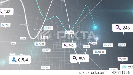 Floating data callouts tracing white teal plots on 3D grid plane with magnifier icons and nodes Floating data callouts tracing white teal plots on 3D grid plane with magnifier icons and nodes 142643996