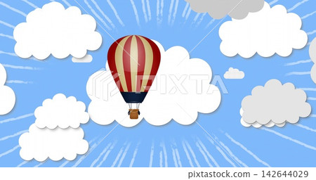Floating red-and-cream hot air balloon drifting in bright blue sky, with layered cloud cutouts 142644029