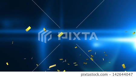Cutting horizontal blue beam crossing navy backdrop, scattering gold confetti and vertical flare Cutting horizontal blue beam crossing navy backdrop, scattering gold confetti and vertical flare 142644047