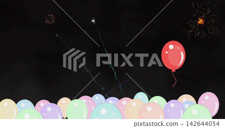 Floating single red balloon hovering over pastel band at night, fireworks bursting, copy space Floating single red balloon hovering over pastel band at night, fireworks bursting, copy space 142644054