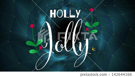 Featuring holiday banner showing HOLLY and white Jolly script at center with holly sprigs and mesh Featuring holiday banner showing HOLLY and white Jolly script at center with holly sprigs and mesh 142644166