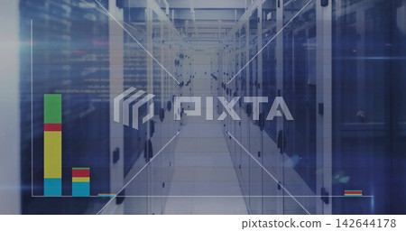 Running central aisle stretching down datacenter, showing server racks, raised tiles, LED and code Running central aisle stretching down datacenter, showing server racks, raised tiles, LED and code 142644178