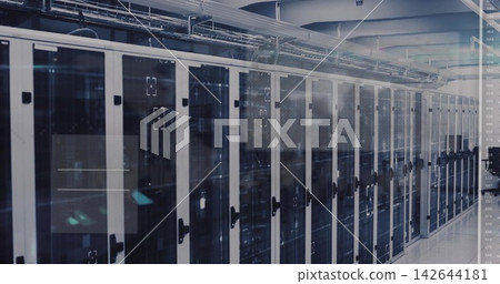 Flashing status LEDs across server racks signaling system alert in data center aisle, with cabling Flashing status LEDs across server racks signaling system alert in data center aisle, with cabling 142644181