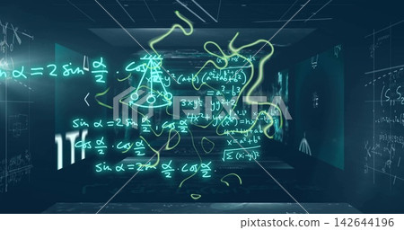 Glowing hologram showing teal equations floating in dark tunnel room with chalkboard scribbles 142644196