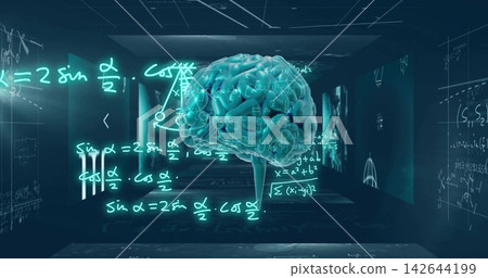 Hovering cyan glowing human brain hologram projecting neon equations in dark corridor, with panels 142644199