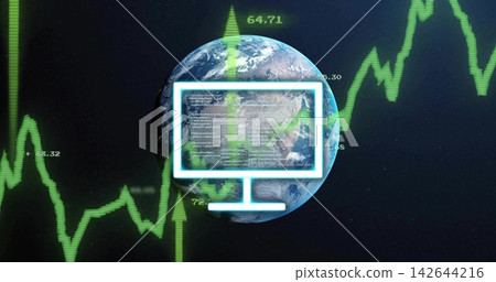 Displaying real Earth globe in space, showing cyan monitor overlay, code text and green charts Displaying real Earth globe in space, showing cyan monitor overlay, code text and green charts 142644216